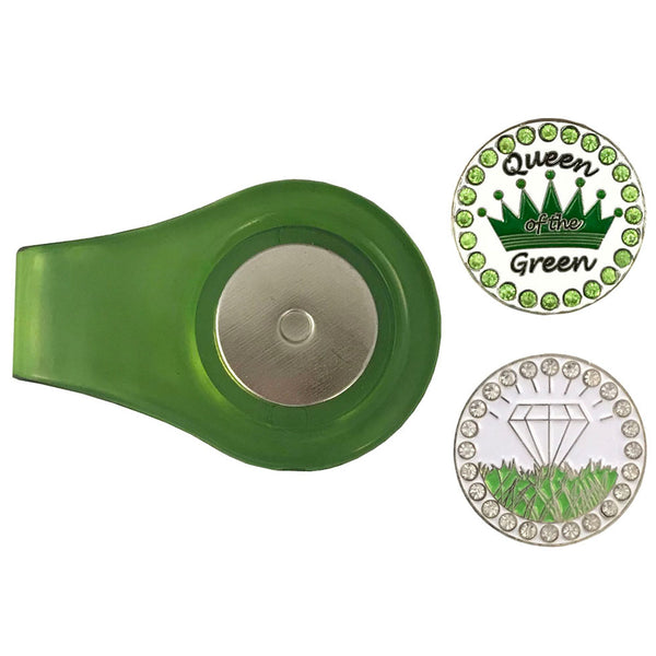 a bling queen of the green and a white diamond in the rough golf ball marker with a green magnetic clip