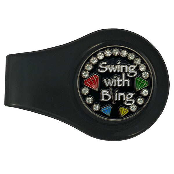 bling swing with bling (black background) golf ball marker with a magnetic black clip