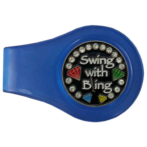 bling swing with bling (black background) golf ball marker with a magnetic blue clip