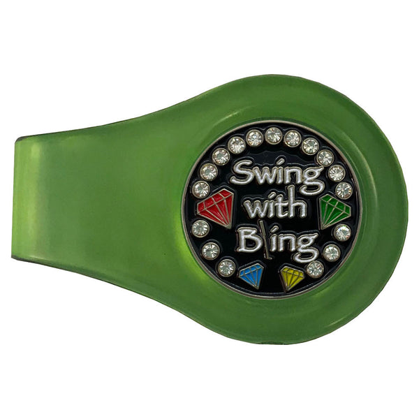 bling swing with bling (black background) golf ball marker with a magnetic green clip