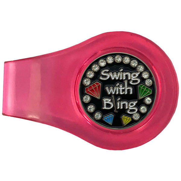 bling swing with bling (black background) golf ball marker with a magnetic pink clip