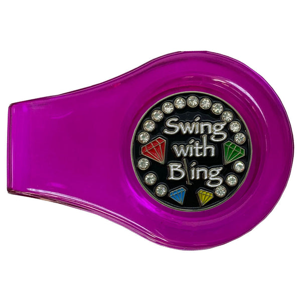 bling swing with bling (black background) golf ball marker with a magnetic purple clip