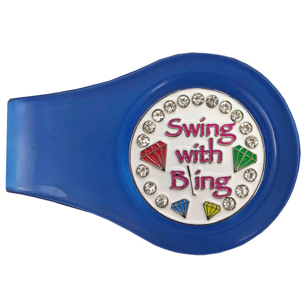 bling swing with bling (white) golf ball marker with a magnetic blue clip