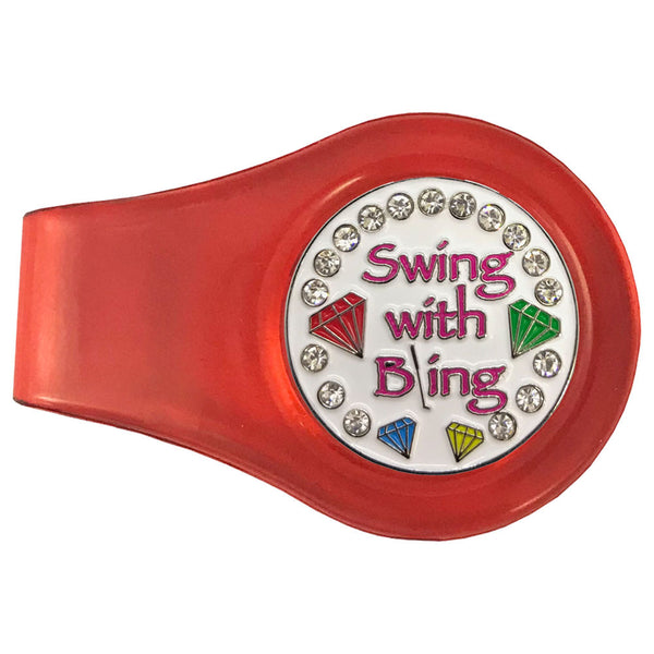 bling swing with bling (white) golf ball marker with a magnetic red clip