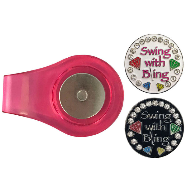 two swing with bling golf ball markers with a magnetic pink clip