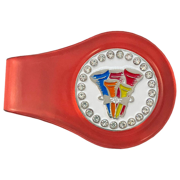 bling tee-rific (bouquet of golf tees) golf ball marker with a magentic red clip