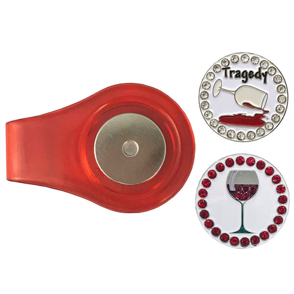 one bling Tragedy (glass of red wine spilling) and one bling Red Wine golf ball marker on a red magnetic clip