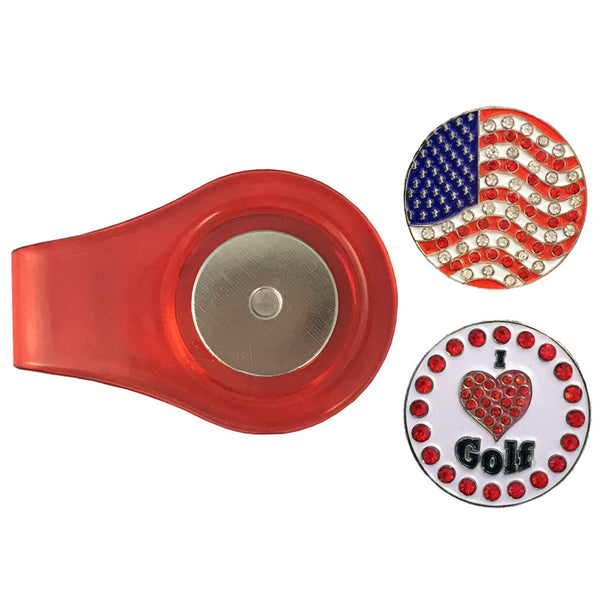 bling usa flag and bling i love golf ball markers on a magnetic red clip