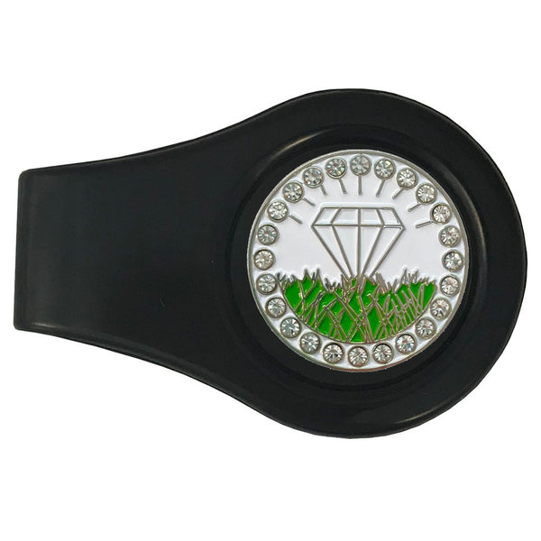 bling white diamond in the rough golf ball marker with a magnetic black clip