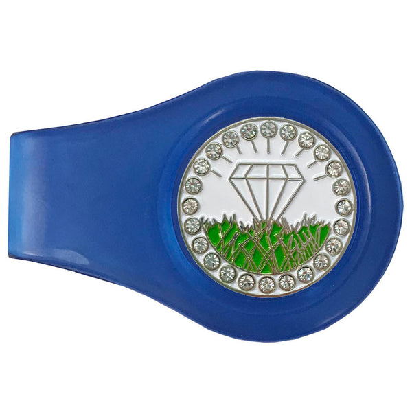 bling white diamond in the rough golf ball marker with a magnetic blue clip