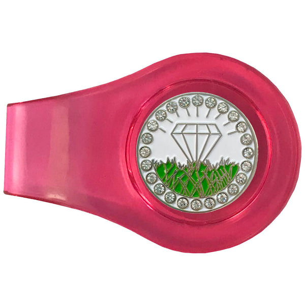 bling white diamond in the rough golf ball marker with a magnetic pink clip