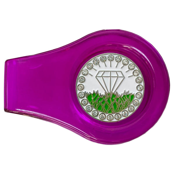 bling white diamond in the rough golf ball marker with a magnetic purple clip