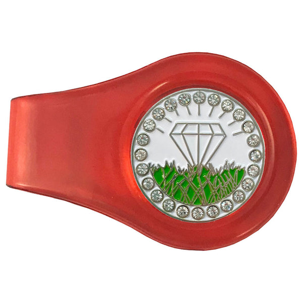 bling white diamond in the rough golf ball marker with a magnetic red clip