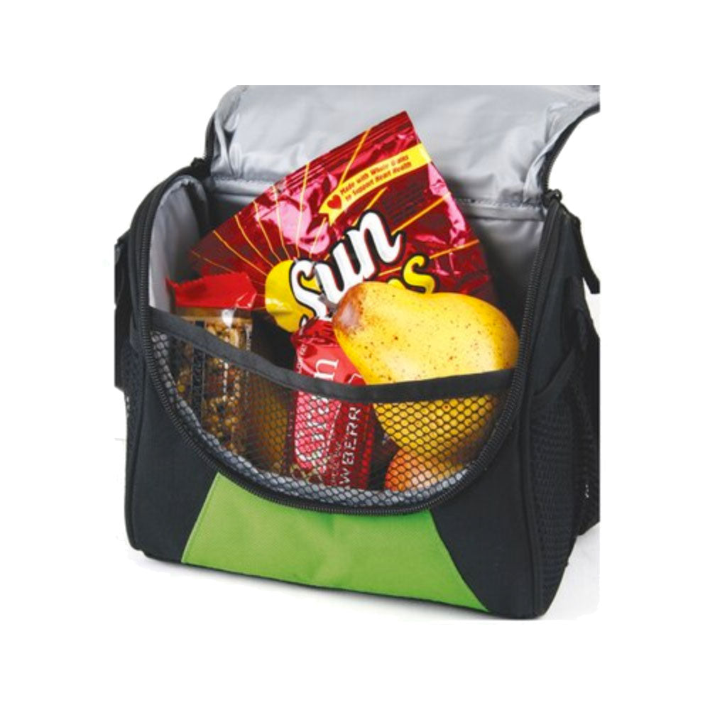 custom green, dual zipper polycanvas lunch cooler