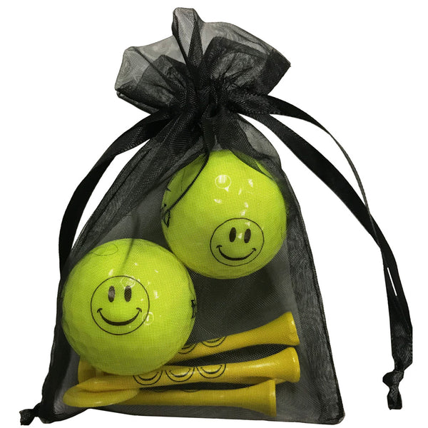 novelty happy face yellow golf balls with four wooden golf tees