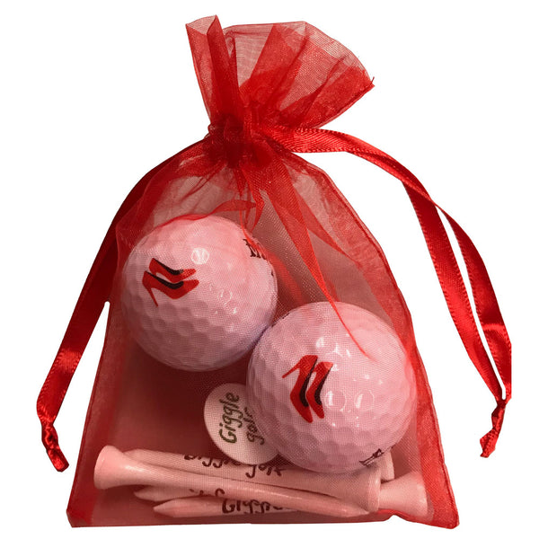 red high heels golf balls with wooden golf tees