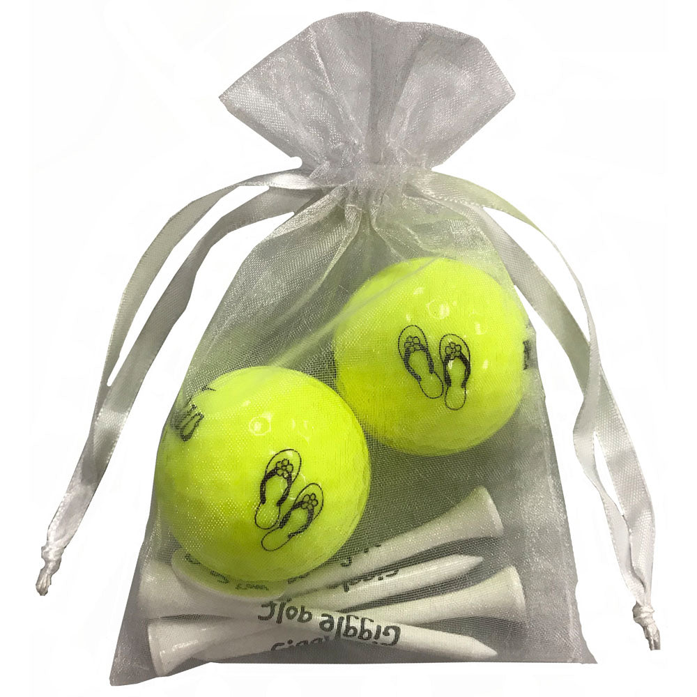 novelty flip flops yellow golf balls with wooden golf tees