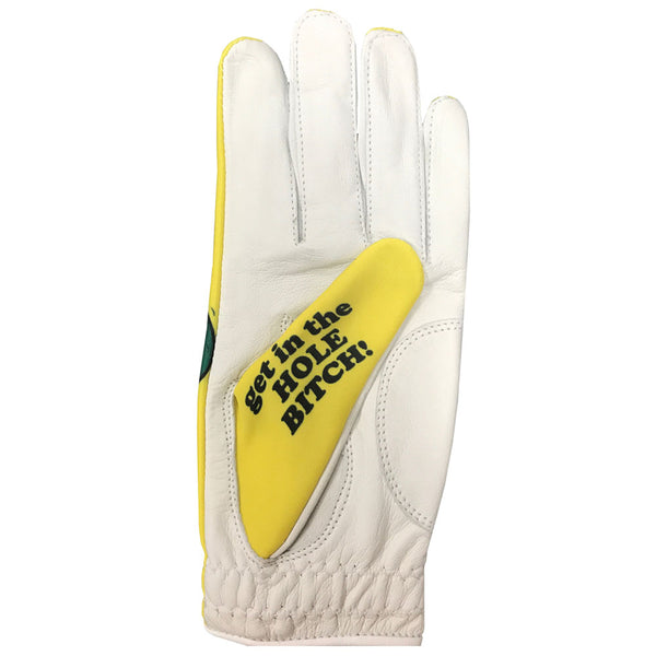 yellow women's golf glove with get in the hole bitch on the thumb