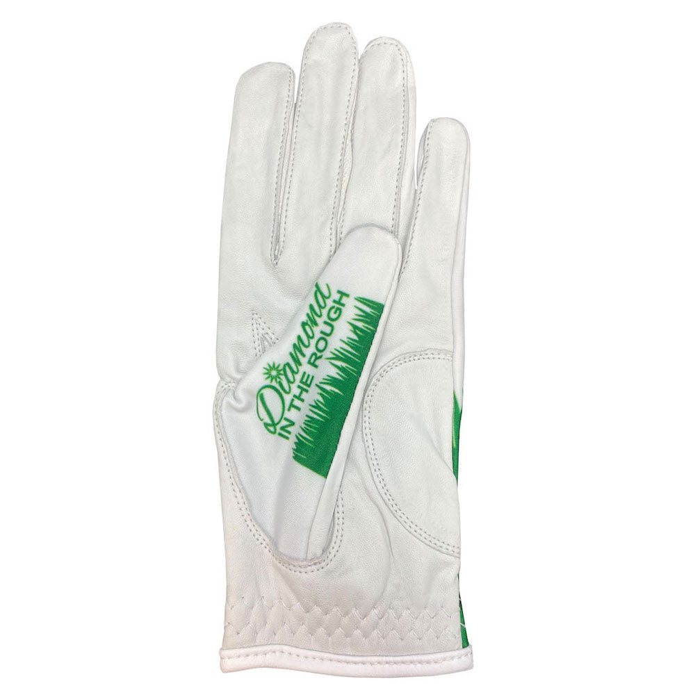 women's white golf glove with diamond in the rough design