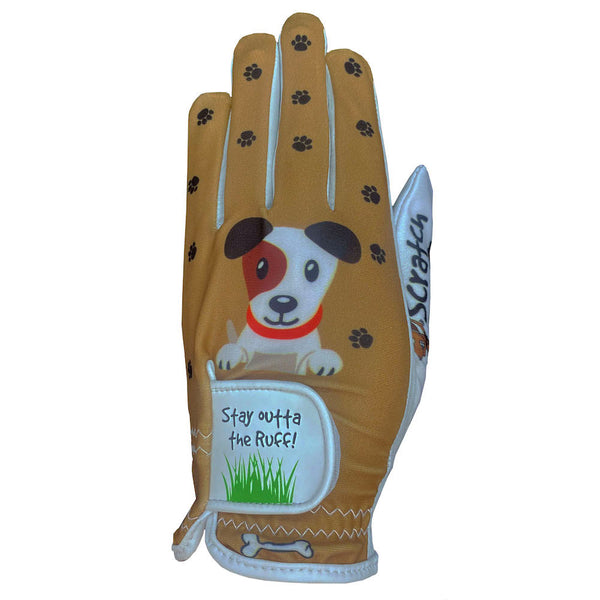 dog women's golf glove with stay outta the ruff strap design