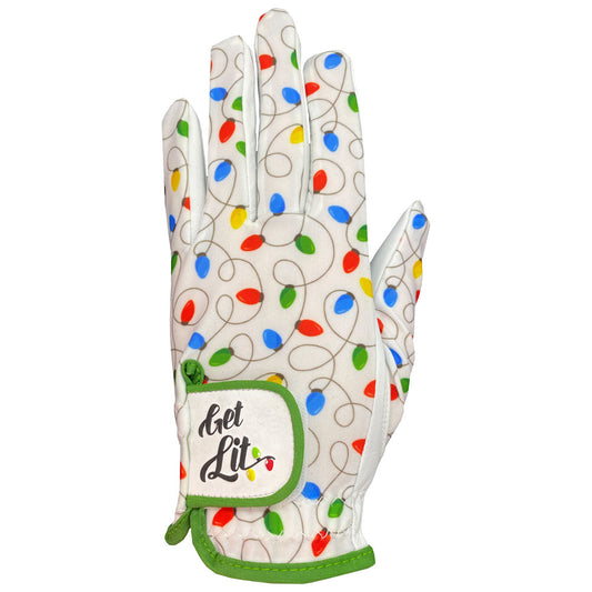 The Get Lit women's golf gloves has colorful Christmas lights on the front of the glove, with a green trim.