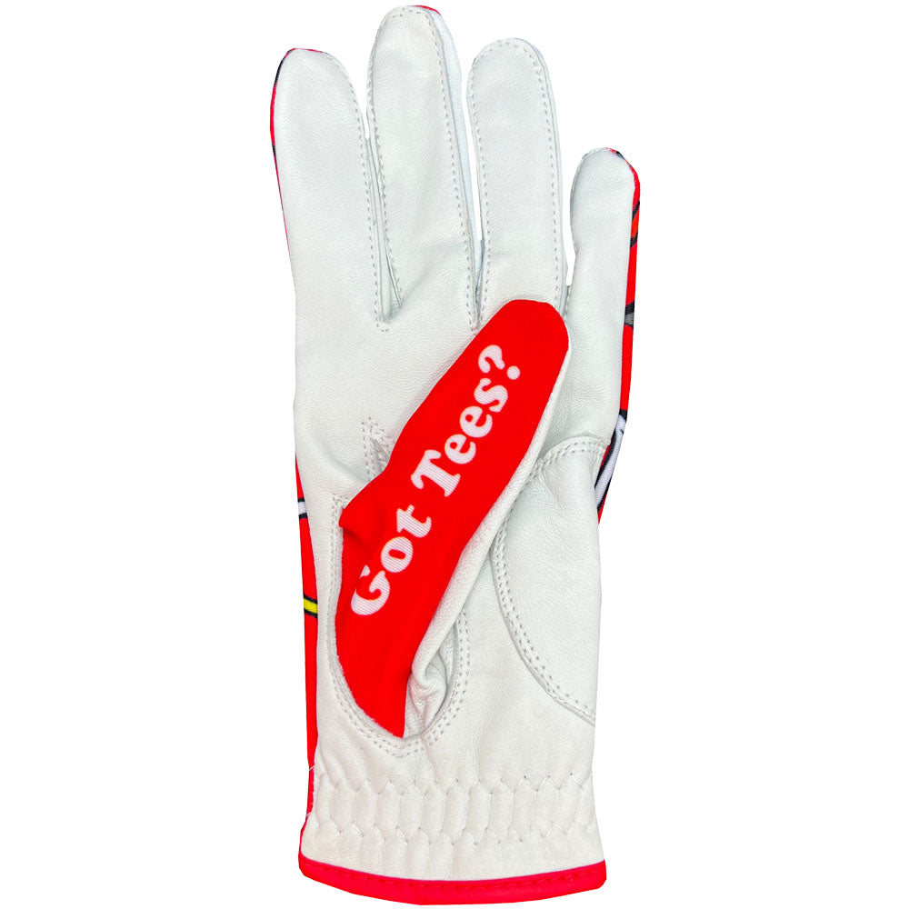 Giggle Golf Red Got Tees Women's Golf Glove, Worn On Left Hand, Back Side