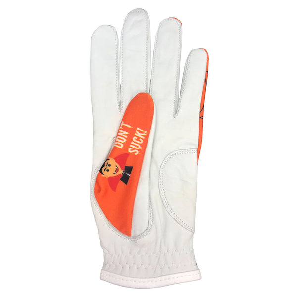 orange halloween women's golf glove with dracula and don't suck design on the thumb