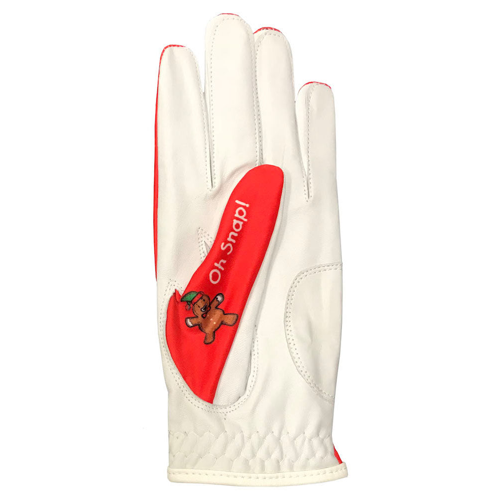 The Holiday women's golf glove has a cabretta leather palm with a gingerbread man saying, ‘Oh snap!’ on the thumb.