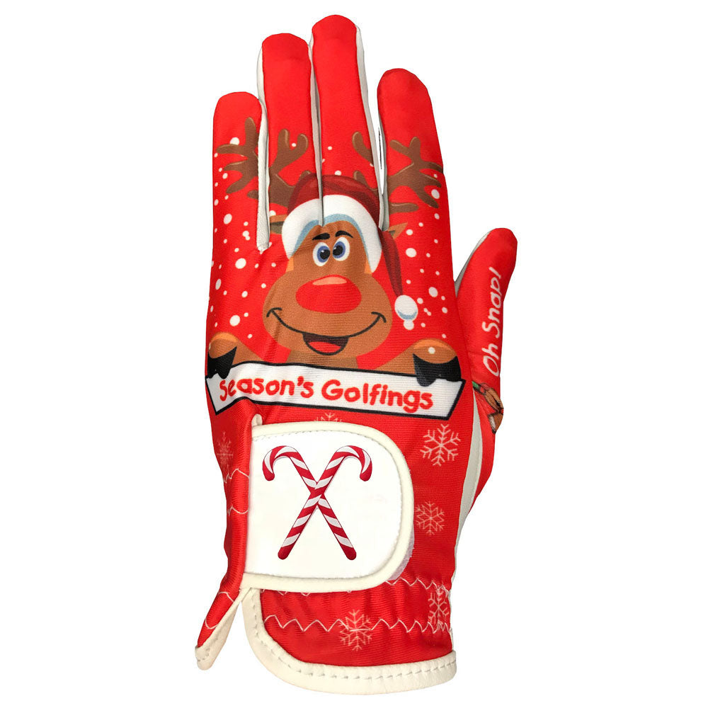 A red, right-handed women’s golf glove, with a happy reindeer on the front and gingerbread man on the thumb.