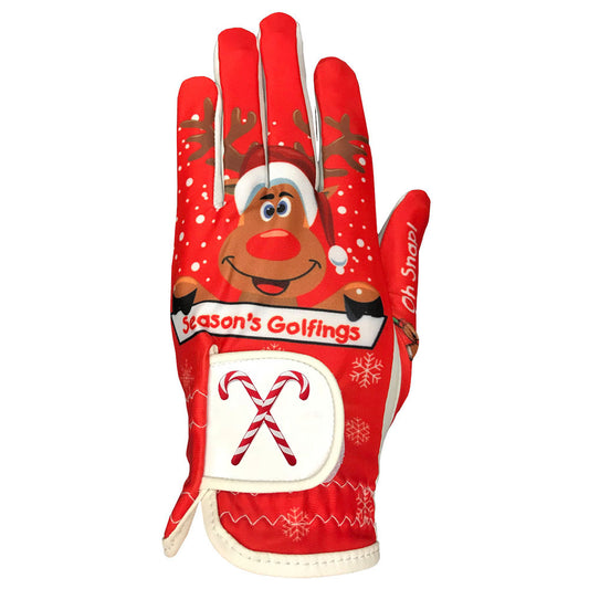 A red, right-handed women’s golf glove, with a happy reindeer on the front and gingerbread man on the thumb.