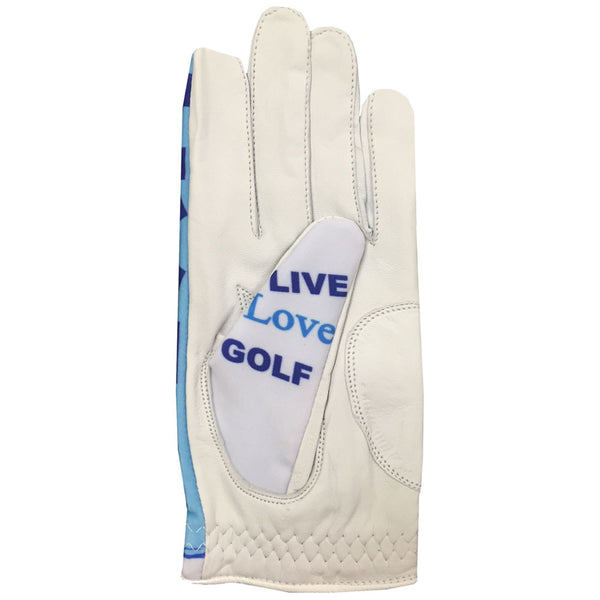 women's golf glove with live love golf on the thumb