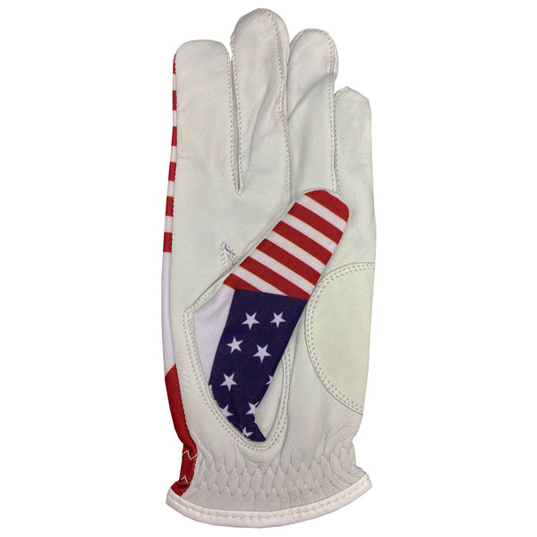 usa men's golf glove with us flag strap, worn on left hand, leather palm