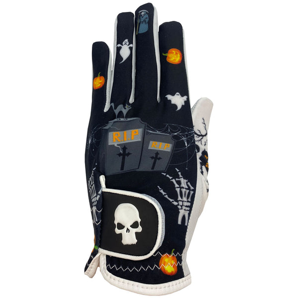 new halloween women's golf glove with tombstones, ghost, and skeletons