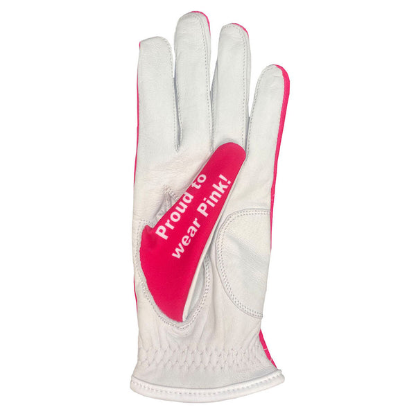 pink breast cancer ribbon golfer awareness women's golf glove that says proud to wear pink on the thumb
