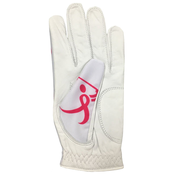 women's white golf glove with pink ribbon golfer design on thumb