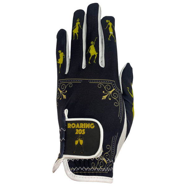 black and gold roaring 20s women's golf glove, worn on left hand