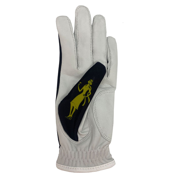 black and gold roaring 20s women's golf glove palm, worn on left hand