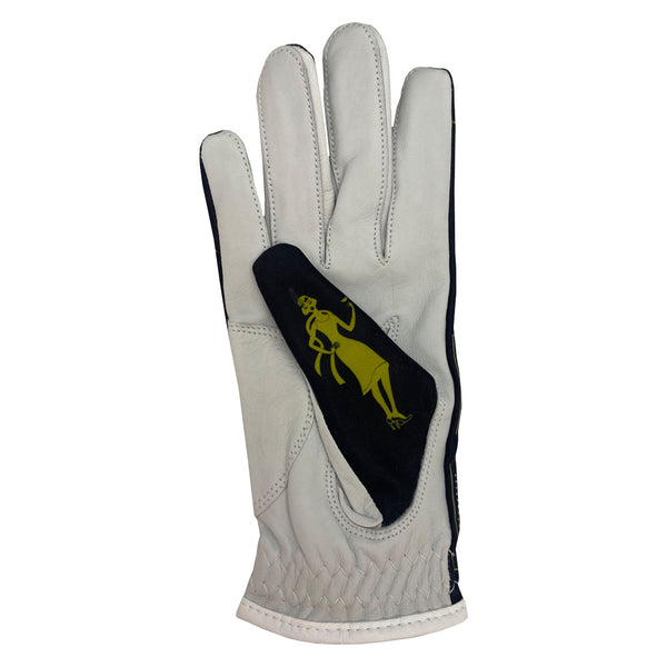 black and gold roaring 20s women's golf glove palm, worn on right hand