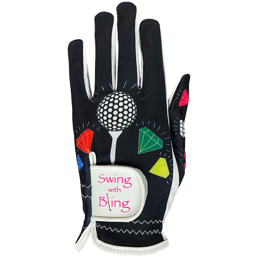 Giggle Golf Swing With  Bling Women's Golf Glove, Black, Worn On Left Hand