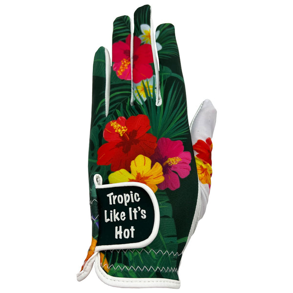 tropical women's golf glove with tropic like it's hot on the strap