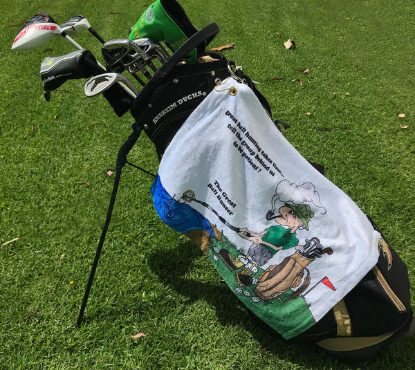 great ball hunter golf towel on a golf bag