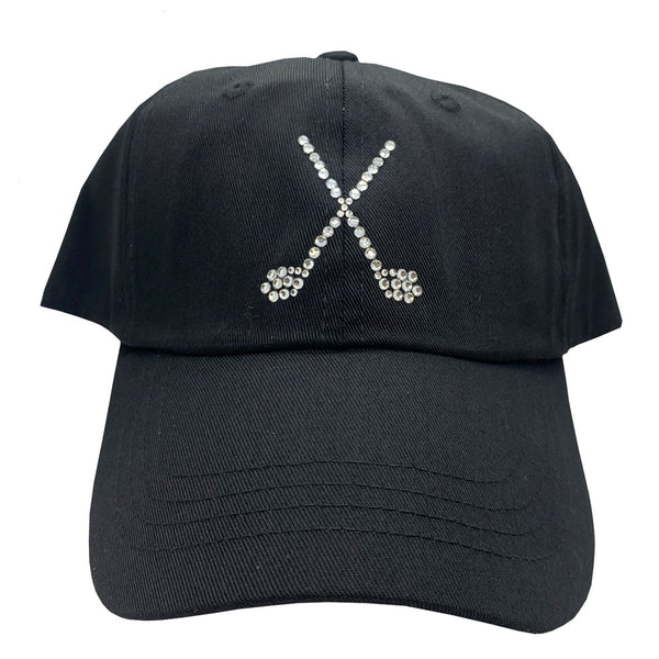 black golf hat with bling crossed clubs design