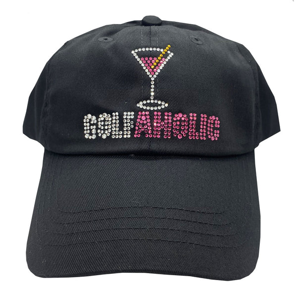 black golf hat with bling golfaholic martini design