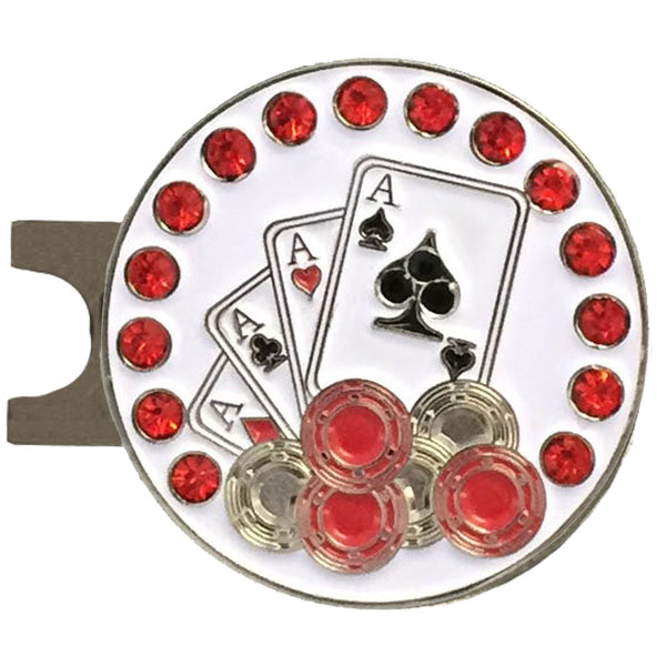 bling four aces and poker chips golf ball marker with a magnetic hat clip