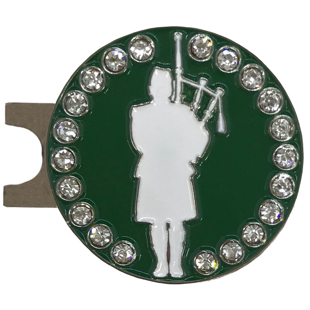 green and white bagpiper bling golf ball marker on magnetic hat clip