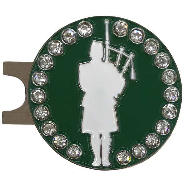 green and white bagpiper bling golf ball marker on magnetic hat clip