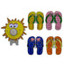sun shaped hat clip with four flip flops shaped golf ball markers (yellow, pink, blue and orange)