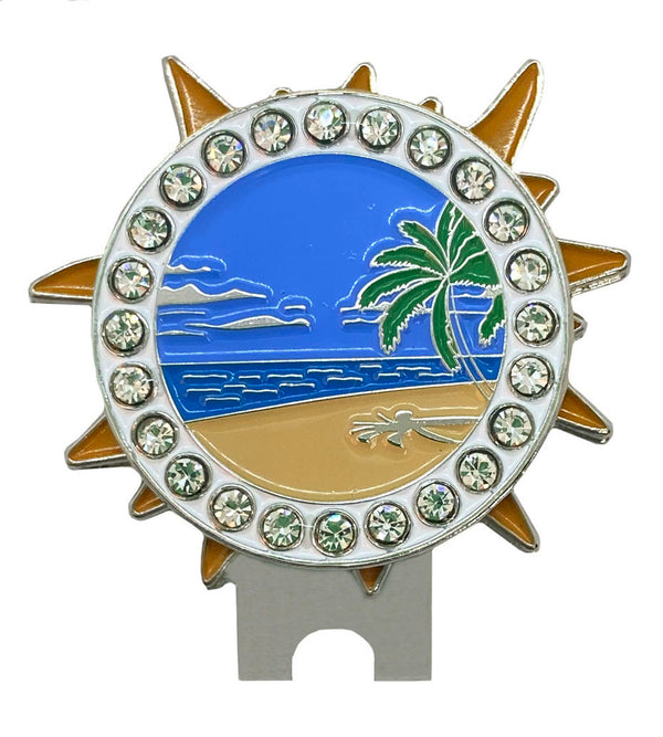 bling beach scene golf ball marker with magnetic sun shaped hat clip