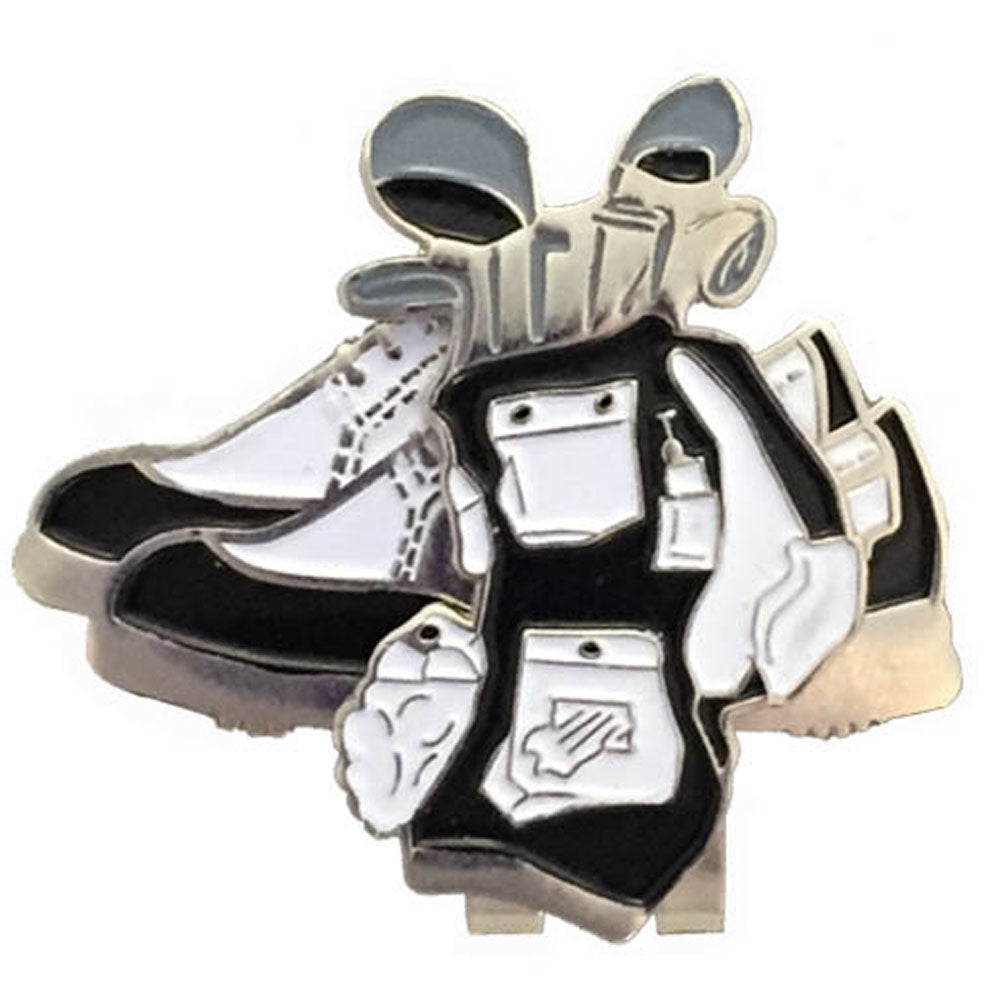 black & white golf bag ball marker on a magnetic, black shoes shaped hat clip