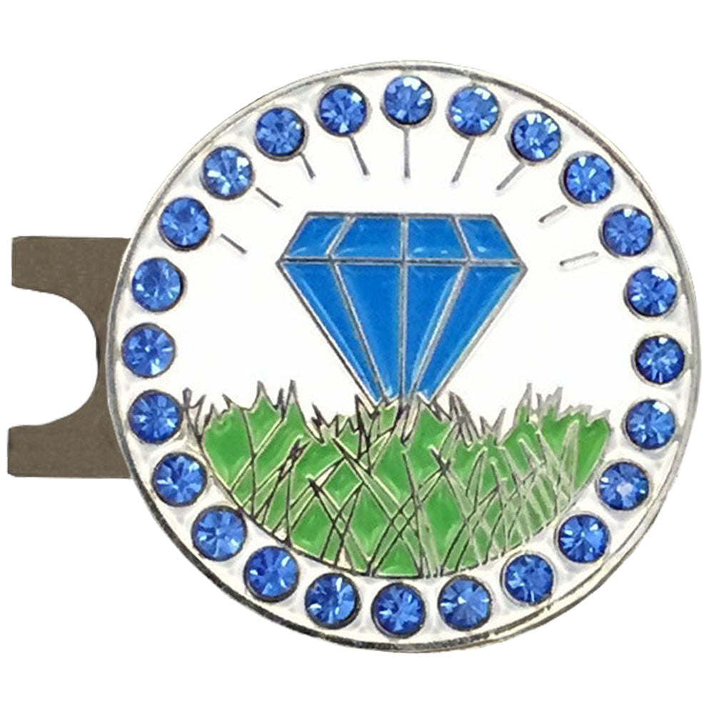 bling blue diamond in the rough golf ball marker with a magnetic hat clip